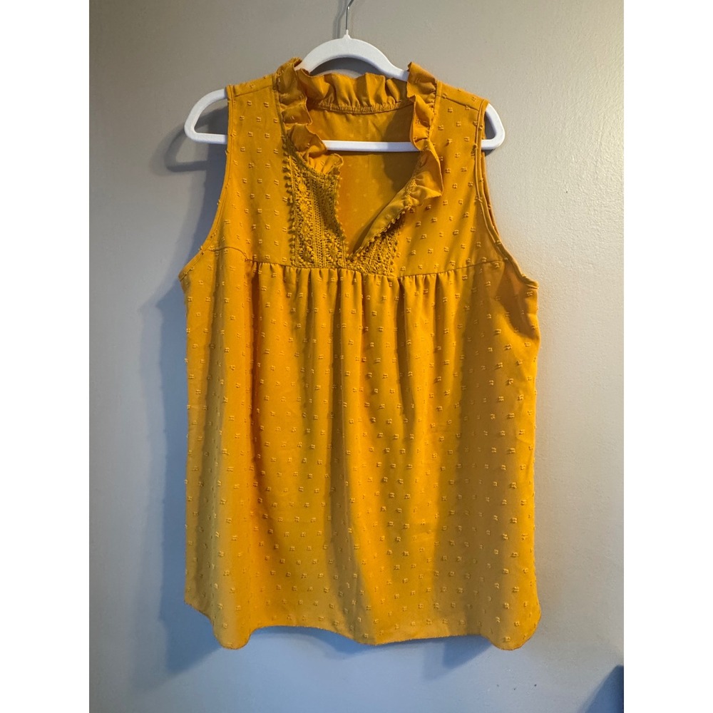 SHEIN Curve Mustard Yellow Swiss Dot Ruffle‎ Neck Sleeveless Blouse 2XL Boho